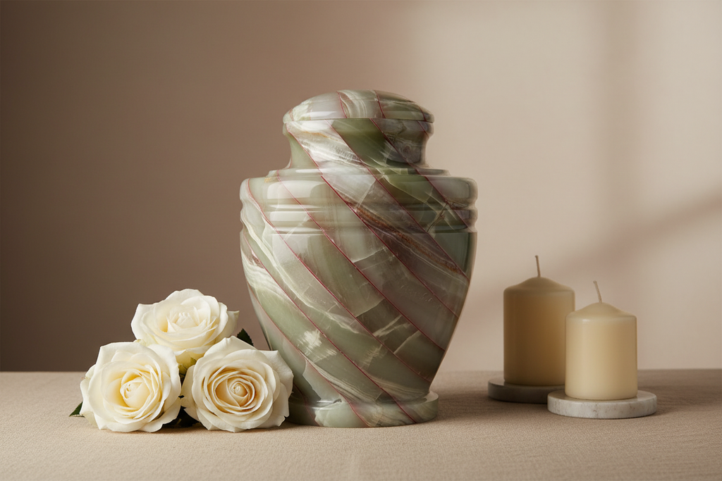 Memorial urn display with red striations