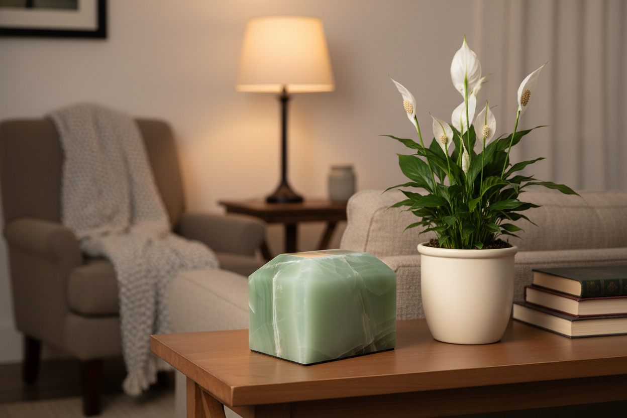 Rectangular Afghan Jade Onyx Urn with Peace Lily