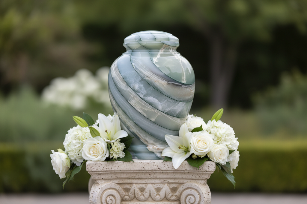 Urn on Tuscan pedestal with white flowers