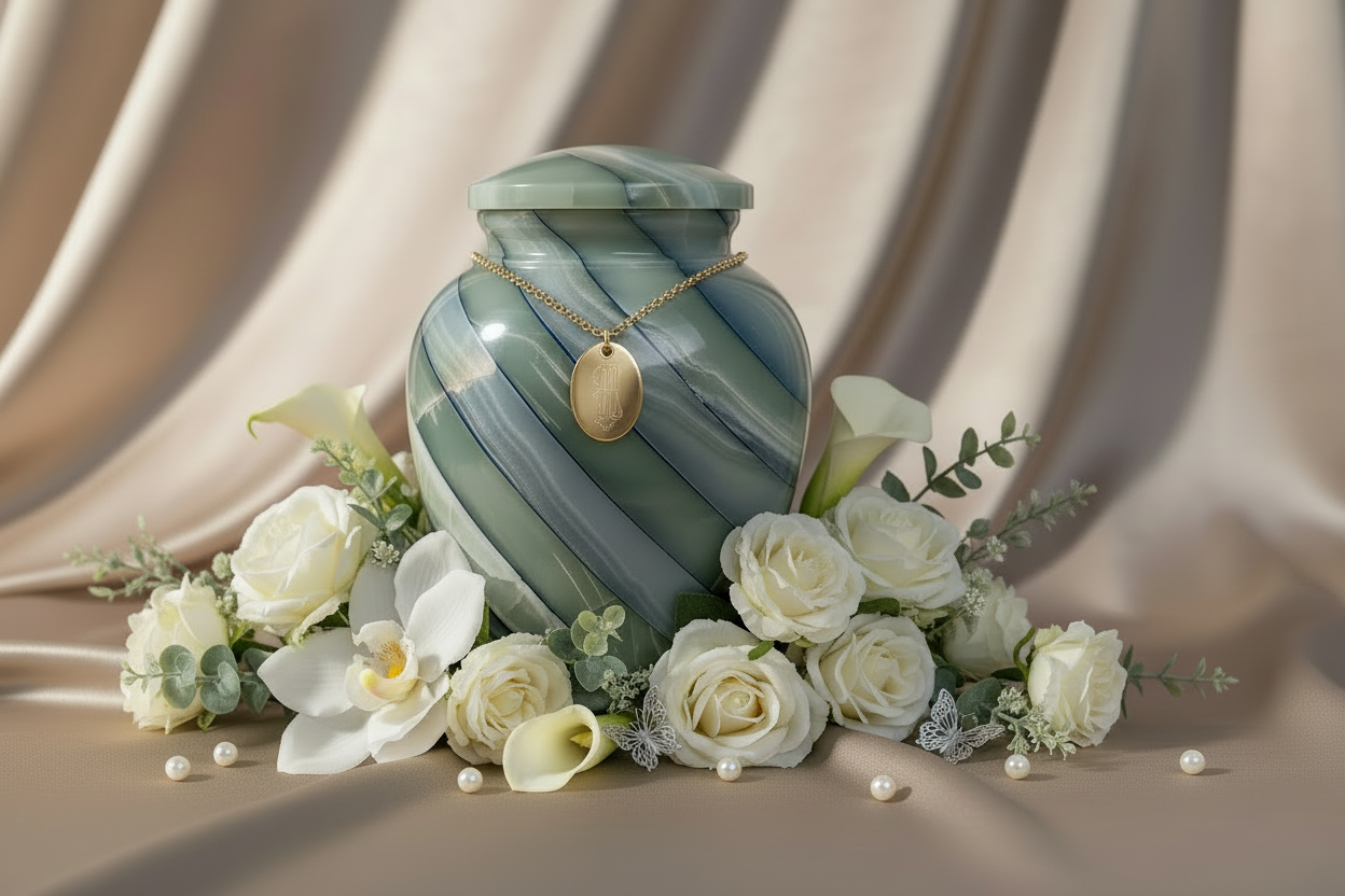 Urn with brass name tag and styled backdrop